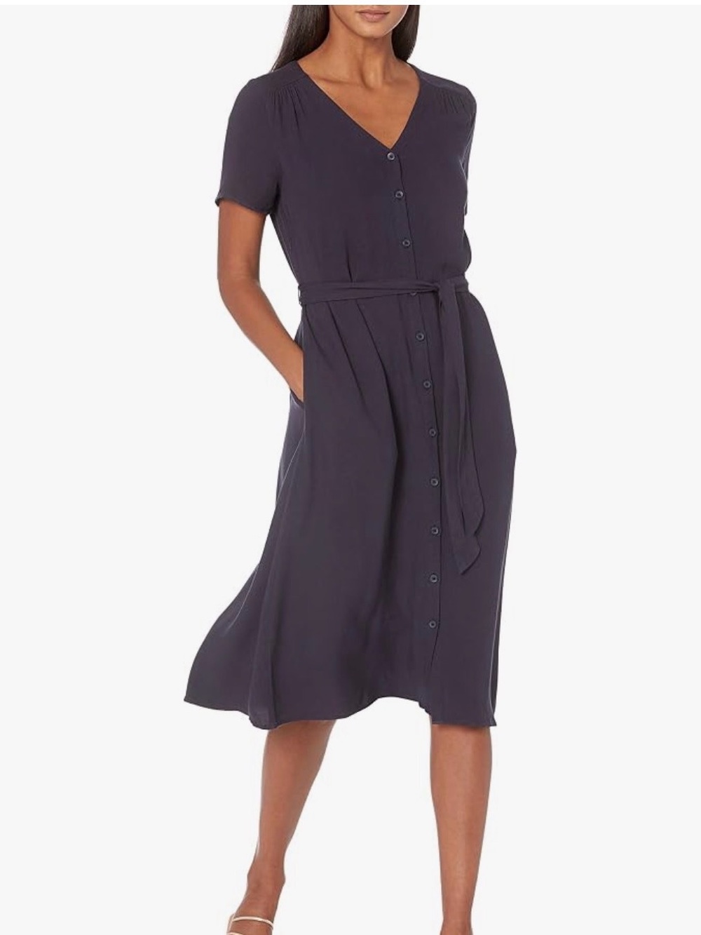 Button-Front V-Neck Midi Dress in Navy Blue